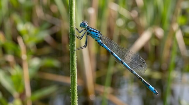Blue damselfly resting on green plant stem. Vibrant iridescent insect perched on wild foliage in natural habitat.