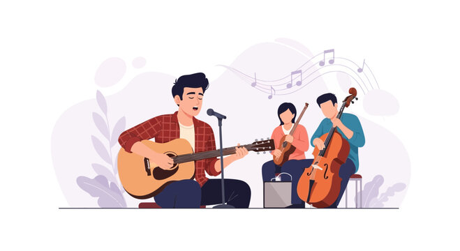 Diverse musical band performing acoustic music with guitar, bass, and cello, featuring singer and musical notes