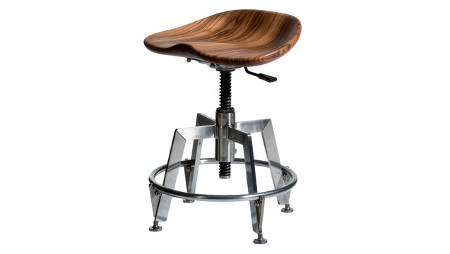Adjustable industrial stool with curved wooden seat and metal base, isolated on transparent background
