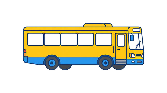 Yellow and blue public transit bus illustration, flat design vector graphic for transportation and travel