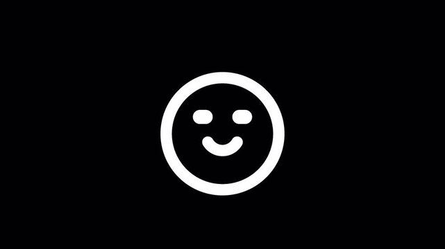 Minimalist white happy face emoji animation, simple line art smiling emoticon on black background, cheerful facial expression motion graphic