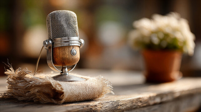 Vintage microphone on rustic wooden table with burlap accent