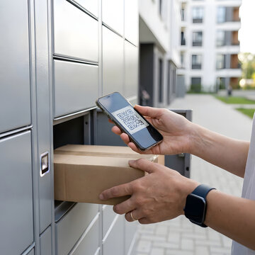 Person using smartphone with QR code to collect package from automated parcel locker.