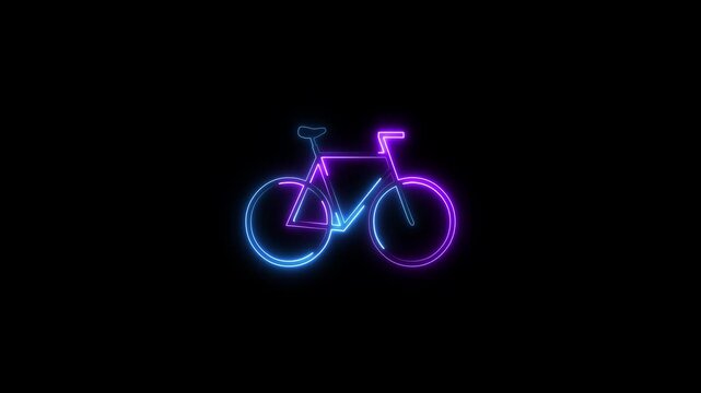 glowing video of neon bicycle icon pulsates sleek black background representing themes cycling adventure extreme sports animated motion.4k video.