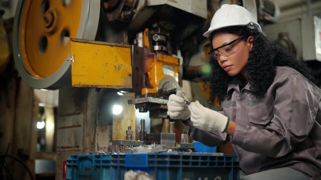 Female factory worker inspecting metal parts during manufacturing process, skilled industrial employee working with machinery for steel component production line and quality control in metal factory.
