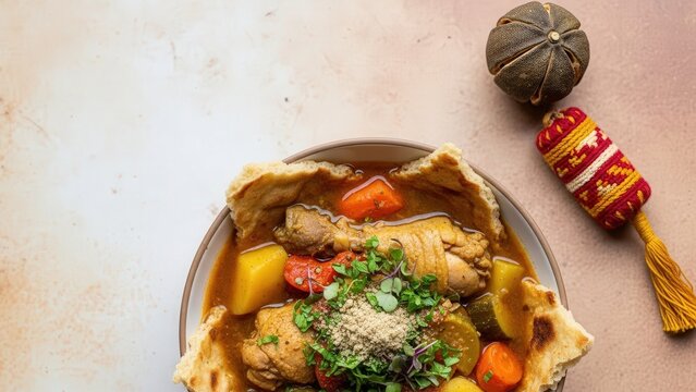 Gourmet Margoog Bil Dajaj chicken vegetable stew, minimalist presentation with earth-toned copy space