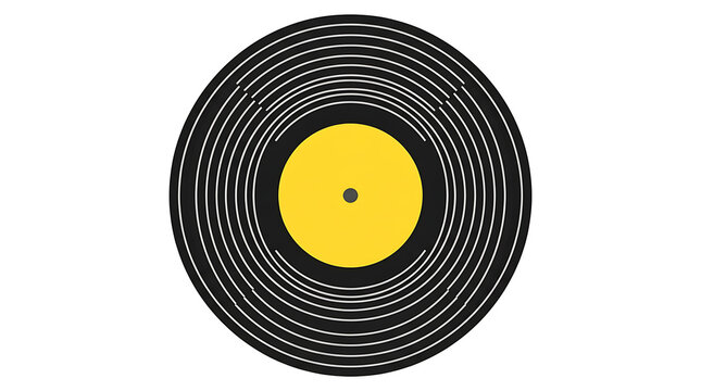 Vinyl record collection: three black music discs with yellow labels arranged on white background