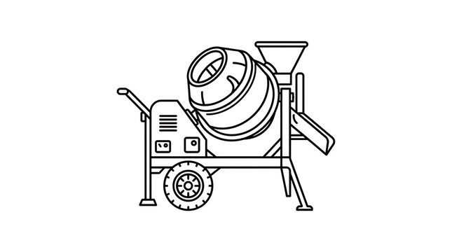 Cement mixer machine line art illustration, construction equipment icon, concrete mixer outline for building and engineering design