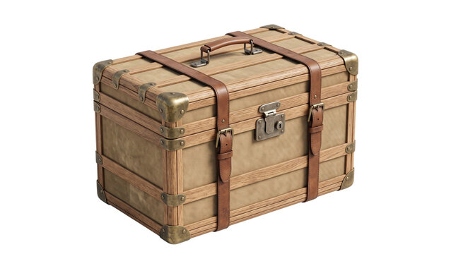Vintage trunk with leather straps and brass hardware on transparent background