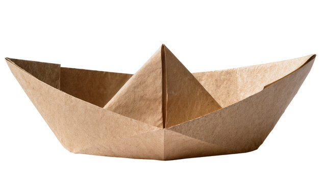 Brown paper origami boat simple folded craft, isolated on transparent background
