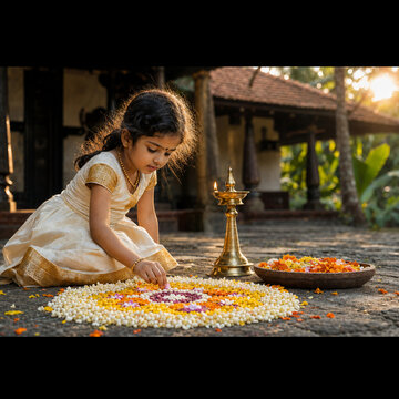 Little Indian girl in traditional Kerala dress arranging a Pookalam flower rangoli on a traditional home courtyard during Onam festival at golden sunset, with a lit brass nilavilakku lamp beside her