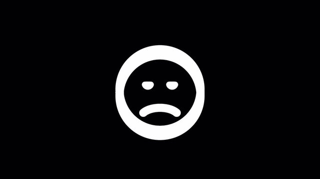 Minimalist sad face emoji animation, white unhappy emoticon icon on black background, simple flat design of a disappointed face for UI feedback