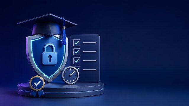 Educational certification compliance with graduation cap on secure shield and checklist representing academic integrity