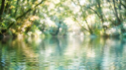 Fototapeta premium A serene and tranquil view of a calm river flowing gently through a lush green forest with soft dappled sunlight reflections