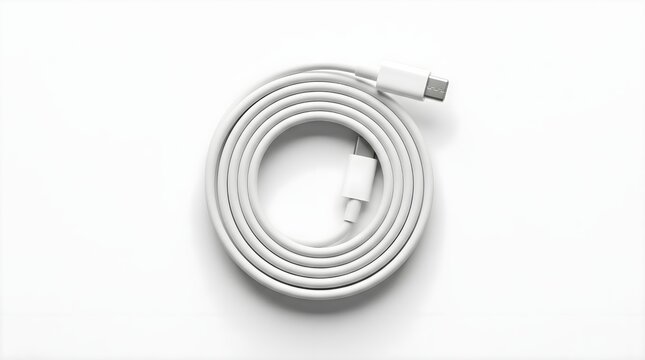 White coiled USB Type C charging cable isolated on a clean white background, top view