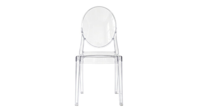 Clear acrylic chair with rounded backrest on transparent background