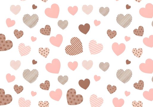 Colorful pattern of various sized hearts in pink and brown hues on white background