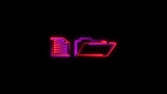 Glowing neon file folder sign. 4K Video motion graphic animation. neon files and folders icon. neon files and folders icon. File icon neon animation with black background 4k videos.