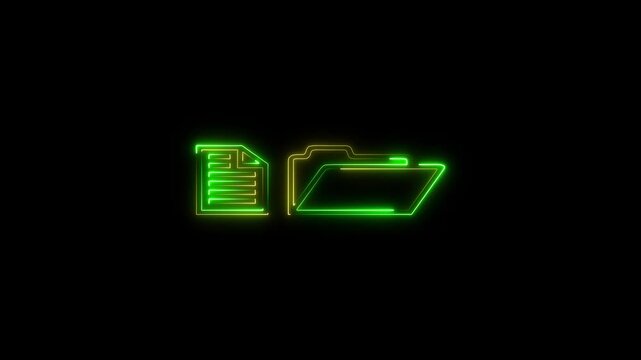 Glowing neon file folder sign. 4K Video motion graphic animation. neon files and folders icon. neon files and folders icon. File icon neon animation with black background 4k videos.