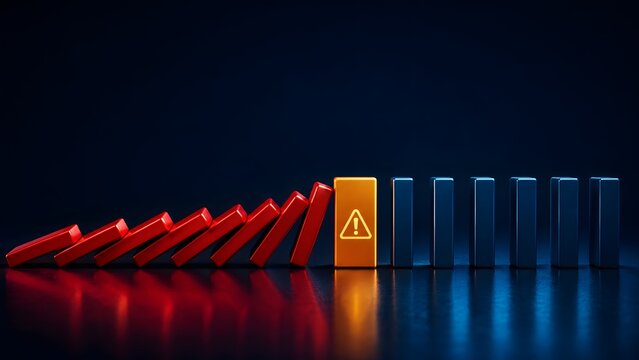 Risk management strategy with golden warning barrier stopping falling red dominoes representing crisis prevention and business resilience