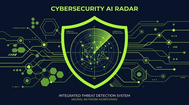 central cybersecurity shield icon integrated with an AI neural network radar screen, glowing lime green and dark midnight navy visual palette, abstract data nodes, circular HUD radar vector elements