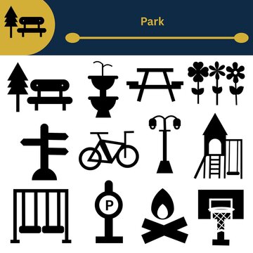 Park and Recreation Icons Set with Bench, Bicycle, Playground, Fountain and Camping