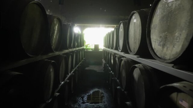 Rows of wooden barrels aging rum inside a dimly lit warehouse, dolly across backlit dark area