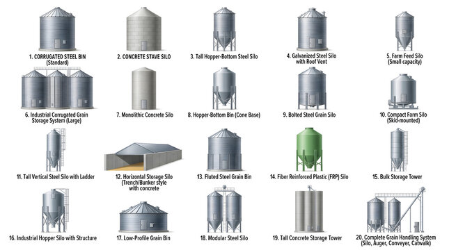 Modern farm silos and grain storage bins in vector illustration. Agricultural storage facilities for crops and feed in flat design style.