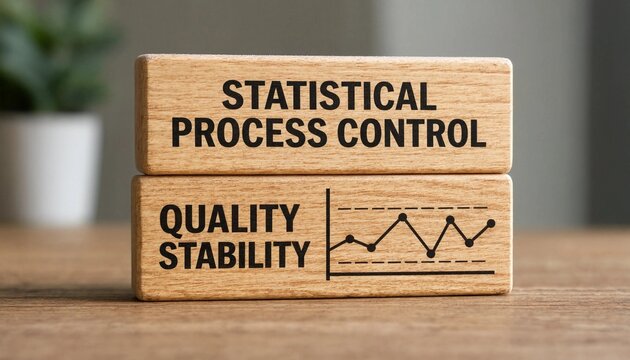 Wooden blocks displaying statistical process control and quality stability concepts on a wooden surface