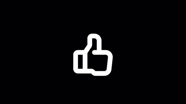 Minimalist thumbs up icon animation, white line art like button on black background, social media approval and feedback motion graphic