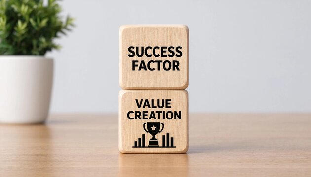 Wooden blocks displaying success factor and value creation concept with trophy graphic for business motivation