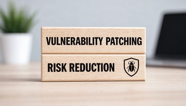 Wooden blocks displaying vulnerability patching and risk reduction concepts on a light workspace surface