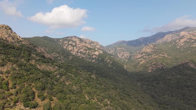 Rugged Terrain Surrounded By Mediterranean Woodland Within Montimannu State Forest In Sardinia, Italy. Aerial Shot