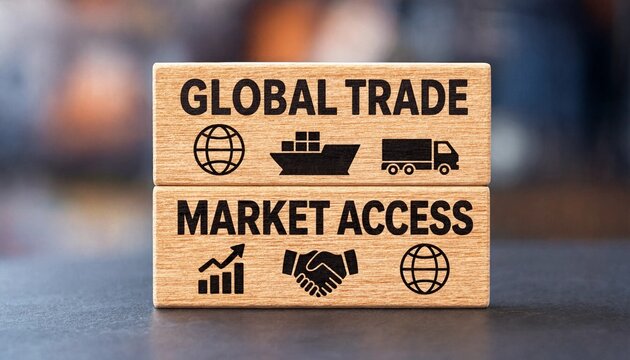 Wooden blocks illustrating concepts of global trade and market access with shipping and business icons
