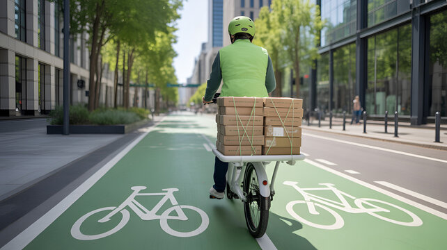 Courier wearing a bright green vest and helmet rides a cargo bicycle carrying stacked brown cardboard boxes along city streets