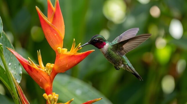 Hummingbird feeding on vibrant red flower nectar. Tiny iridescent bird hovering mid-air while drinking from tropical bloom.