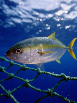 Yellowtail Fish Swimming near a Fishing Net in the Deep Blue Ocean