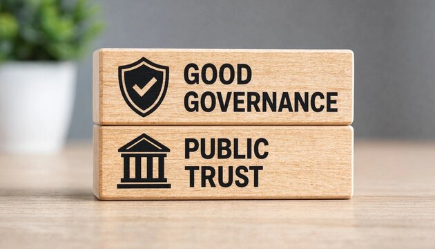 Wooden blocks illustrating concepts of good governance and public trust with symbolic icons