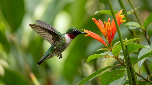 Hummingbird feeding on vibrant red flower in mid-flight. Tiny nectar-seeking bird hovering near tropical bloom with blurred green foliage background.