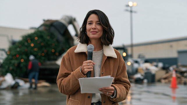Talk show host rehearses alone on a rain-drenched studio backlot, holding cue cards while a crew recycles a giant artificial Christmas tree into a wood chipper, overcast sky,