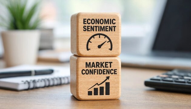 Wooden blocks illustrating economic sentiment and market confidence with financial icons on office desk