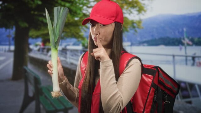 Woman courier holding leek and finger to lips for silence on street by lakeside with red cap and insulated backpack; playful secrecy.