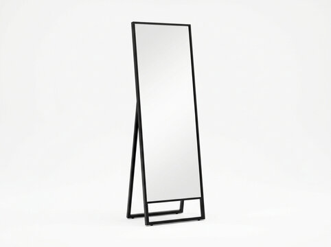 Full length floor standing mirror with minimalist black metal frame isolated on white