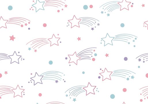 Whimsical pattern of pastel stars and shooting stars on a white background