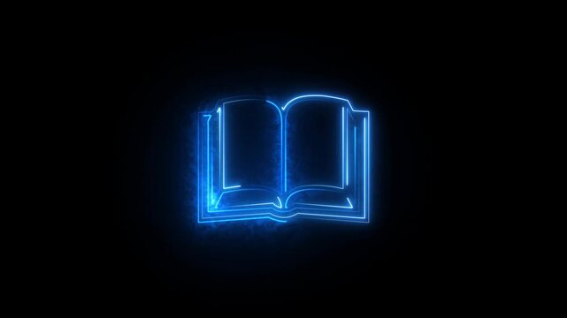 Glowing vertical book icon animation with neon open symbol on black background.