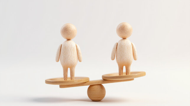 Two wooden peg human figures balancing on small seesaw scale beam

