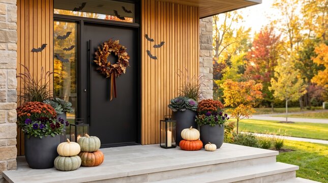 Modern front porch with dark door, fall wreath and bat decals. Pumpkins, gourds, mums and lanterns in planters on steps beside wood siding and stone wall