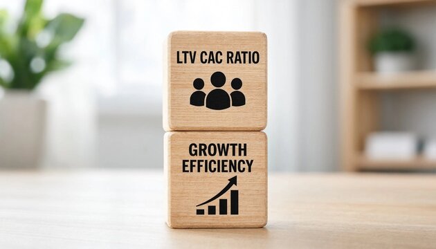 Wooden blocks illustrating key business metrics like LTV CAC ratio and growth efficiency in a modern office setting