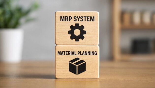 Wooden blocks illustrating material resource planning system and efficient inventory management concepts on a desk