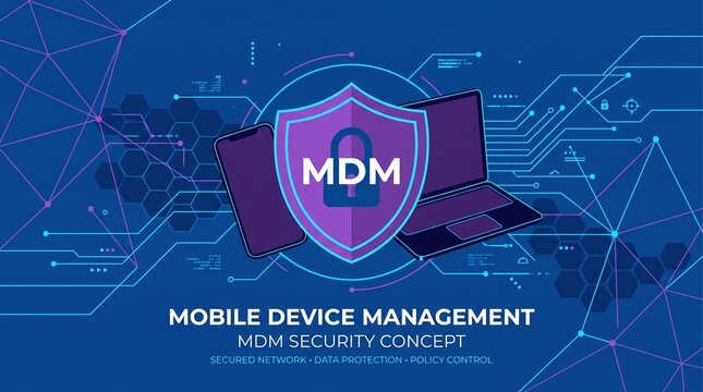A Mobile Device Management (MDM) endpoint protection vector background featuring a glowing central shield safeguarding laptop and smartphone silhouettes. Designed in deep navy, neon purple, and cyan.